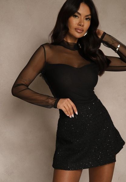 Czarne Cekinowe Spódnico-Szorty z Wełną Fedalia. Czarne szorty damskie Renee, z aplikacjami, z wełny. Za 129.99 zł.