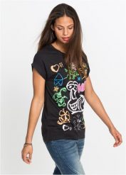 T-shirt z nadrukiem. Czarne t-shirty damskie bonprix, bez wzorów, bez kołnierzyka, bez ramiączek. Za 52.99 zł.