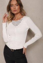 Biały Prążkowany Rozpinany Kardigan z Wiskozą Pinnalia. Białe kardigany damskie Renee, s, bez wzorów, z jeansu, eleganckie, bez kołnierzyka. Za 54.99 zł.