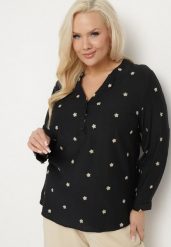 Czarna Wiskozowa Koszula z Metaliczną Nicią i Haftami w Gwiazdki Xarbia. Czarne koszule damskie Born2be, xl, bez wzorów, z jeansu, eleganckie, bez kołnierzyka, bez ramiączek. Za 84.99 zł.
