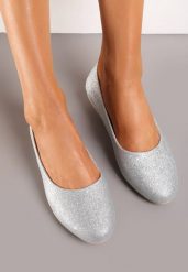 Srebrne Brokatowe Balerinki na Płaskiej Podeszwie Uarneli. Szare balerinki damskie Renee, bez wzorów, eleganckie, bez obcasa, na obcasie, bez zapięcia. Za 44.99 zł.