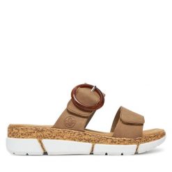 Klapki Rieker. Brązowe klapki damskie Rieker, bez wzorów, bez obcasa, bez zapięcia. Za 219.99 zł.