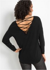 Sweter z dekoltem w serek z tyłu. Czarne swetry nierozpinane damskie bonprix, bez wzorów, bez kołnierzyka, bez ramiączek. Za 99.99 zł.