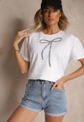 Biały Bawełniany T-shirt z Cekinową Aplikacją w Kształcie Kokardy Tenuria. Białe t-shirty damskie Renee, m, z aplikacjami, z bawełny, eleganckie, bez kołnierzyka, bez ramiączek. Za 34.99 zł.