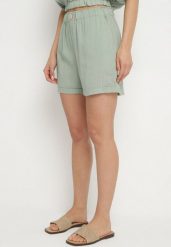 Zielone Klasyczne Szorty z Lnem z Gumką w Talii i Kieszeniami Filarenea. Zielone szorty damskie Born2be, bez wzorów, eleganckie. Za 49.99 zł.