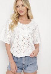 Biały Klasyczny Ażurowy T-shirt z Krótkim Rękawem Ninnia. Białe t-shirty damskie Born2be, xl, w ażurowe wzory, z jeansu, biznesowe, bez kołnierzyka, bez ramiączek. Za 34.99 zł.