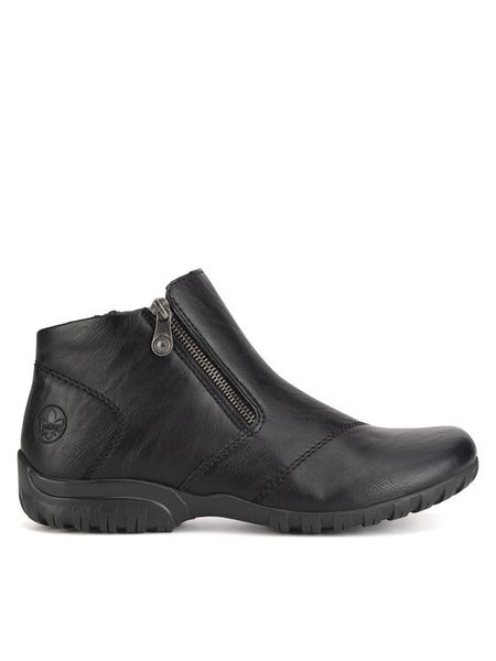 Rieker Botki L4663-01 Czarny. Czarne botki damskie Rieker, bez wzorów, z materiału, bez obcasa, na płaskiej podeszwie, bez zapięcia. Za 244.99 zł.