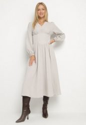 Jasnobeżowa Sukienka z Wiskozą z Gorsetową Talią i Bufiastymi Rękawami Aniste. Brązowe sukienki damskie Born2be, na co dzień, l, bez wzorów, z poliesteru, eleganckie, bez kołnierzyka, bez ramiączek, gorsetowe. Za 149.99 zł.