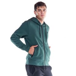 Męska, miękka bluza z kapturem i zamkiem błyskawicznym z ikoną lwa. Zielone bluzy męskie LEONE 1947 APPAREL, l, bez wzorów, z tkaniny, sportowe, bez ramiączek, z kapturem. W wyprzedaży za 195.65 zł.