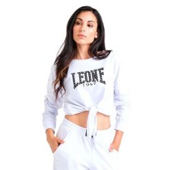 Luksusowa damska bluza wiązana z okrągłym dekoltem. Białe bluzy damskie LEONE 1947 APPAREL, l, bez wzorów, z tkaniny, sportowe, bez ramiączek, bez kaptura. Za 273.65 zł.