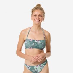 Góra kostiumu kąpielowego surfingowego damska Decathlon Laura Numea. Brązowe bikini Decathlon, bez wzorów, z elastanu. Za 59.99 zł.