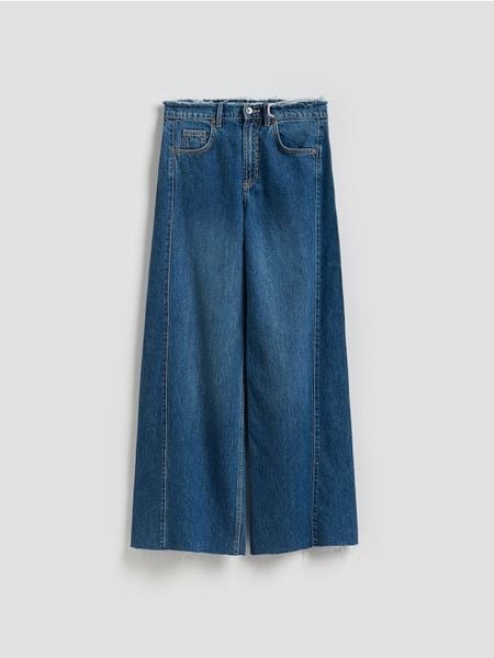 Jeansy wide leg z rozdarciami - niebieski. Niebieskie jeansy damskie Reserved, bez wzorów, z bawełny. Za 139.99 zł.