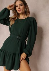 Ciemnozielona Sukienka Pudełkowa z Falbanką Leffo. Zielone sukienki damskie Renee, bez wzorów, z tkaniny, klasyczne, bez kołnierzyka, bez ramiączek, mini. Za 74.99 zł.