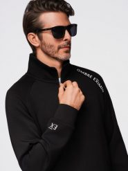 Bluza męska z rozpinaną wysoką stójką i kontrastowym nadrukiem czarna V1 OM-SSZP-0211 XXL. Czarne bluzy męskie Ombre, m, bez wzorów, bez ramiączek, bez kaptura. Za 287.44 zł.