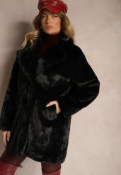 Czarny Klasyczny Płaszcz Futrzany Vennira. Czarne płaszcze damskie Renee, l, bez wzorów, z futra, eleganckie, bez kołnierzyka, bez kaptura. Za 149.99 zł.