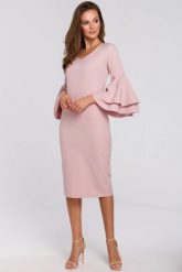 Sukienka elegancka ołówkowa z bufiastymi rękawami pudrowa. Czerwone sukienki damskie Makover, na imprezę, l, z aplikacjami, z elastanu, eleganckie, bez kołnierzyka, bez ramiączek, midi, dopasowane. W wyprzedaży za 216.00 zł.