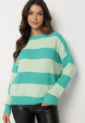 Zielony Sweter w Pasy z Wełną Zakończony Ściągaczem Tiaelle. Zielone swetry nierozpinane damskie Born2be, bez wzorów, z wełny, klasyczne, bez kołnierzyka, bez ramiączek. Za 69.99 zł.