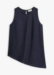 Top z domieszką lnu. Niebieskie topy damskie bonprix, bez wzorów, eleganckie, bez kołnierzyka, bez ramiączek. Za 59.99 zł.