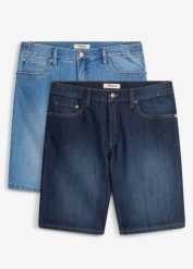 Lekkie bermudy jeansowe z elastyczną wstawką w talii, regular fit (2 pary). Niebieskie jeansy męskie bonprix, z jeansu, klasyczne, krótkie. Za 169.99 zł.