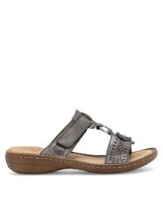 Rieker Klapki 608K1-45 Szary. Szare klapki damskie Rieker, bez wzorów, z materiału, bez obcasa, bez zapięcia. Za 219.99 zł.