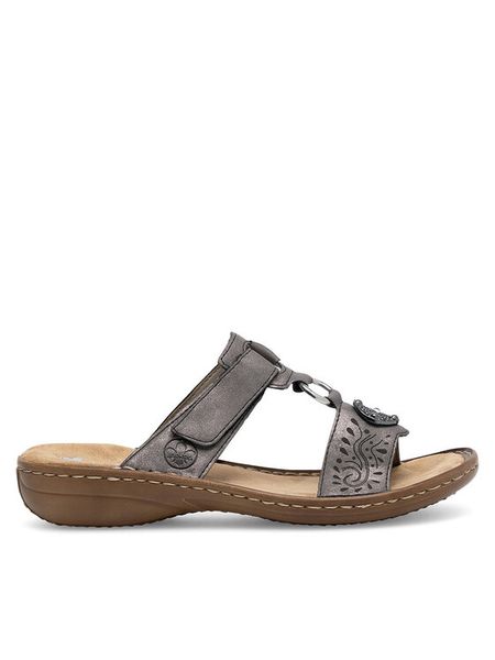 Rieker Klapki 608K1-45 Szary. Szare klapki damskie Rieker, bez wzorów, z materiału, bez obcasa, bez zapięcia. Za 219.99 zł.