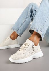 Beżowe Sneakersy Skórzane Ozdobione Suwakiem Ivelami. Brązowe obuwie sportowe damskie Renee, z aplikacjami, z jeansu, bez zapięcia. Za 159.99 zł.