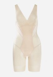 Beżowe Modelujące Body z Kopertowym Dekoltem i Koronką Tivas. Brązowe body Born2be, bez wzorów, z koronki. Za 74.99 zł.