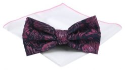 Mucha Męska z Poszetką (Zestaw) - Chattier - Granat i Ciemny Róż, Kwiaty. Czerwone krawaty i muchy Chattier, bez wzorów, eleganckie. Za 59.00 zł.