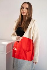 Sweter Kardigan z kapturem w pasy beżowy+czerwony+szary. Brązowe kardigany damskie KESI, l, bez wzorów, z jeansu, bez kołnierzyka, plus size. Za 209.08 zł.