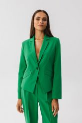 Zielona Elegancka Krótka Marynarka. Zielone marynarki i żakiety damskie MOE, bez wzorów, z elastanu, eleganckie, bez kołnierzyka, bez ramiączek. Za 369.90 zł.