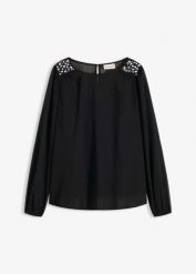 Szyfonowa bluzka zdobiona strasami. Czarne bluzki damskie bonprix, z aplikacjami, z szyfonu, bez kołnierzyka, bez ramiączek. Za 147.99 zł.