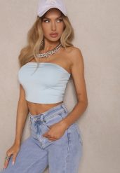 Jasnoniebieski Top z Elastycznej Tkaniny z Gumką z Tyłu Fynla. Niebieskie topy damskie Renee, l, bez wzorów, z tkaniny, bez kołnierzyka, bez ramiączek. Za 49.99 zł.