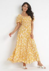Żółta Rozkloszowana Sukienka Maxi w Kwiaty Casceia. Żółte sukienki damskie Born2be, m, bez wzorów, bez kołnierzyka, bez ramiączek, maxi, rozkloszowane. Za 74.99 zł.