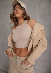 Beżowy Top na Ramiączkach Basic Prążkowany Zitira. Brązowe topy damskie Renee, m, bez wzorów, z jeansu, bez kołnierzyka, bez ramiączek. Za 29.99 zł.