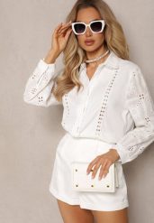 Biała Koszula w Stylu Boho z Ozdobnym Haftem Anvia. Białe koszule damskie Renee, l, bez wzorów, boho, bez kołnierzyka, bez ramiączek. Za 69.99 zł.