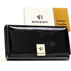 Duży, czarny, lakierowany portfel damski ze skóry naturalnej zamykany na zatrzask RH-20A-1-RS Rovicky. Czarne portfele damskie ROVICKY, z lakierowanej skóry. Za 99.00 zł.