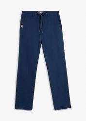 Spodnie chinosy, classic fit, ze stretchem i szeroką nogawką, straight. Niebieskie eleganckie spodnie męskie bonprix, bez wzorów. Za 122.99 zł.