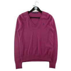 Sweter damski Polo Ralph Lauren z dekoltem w serek fioletowy. Fioletowe swetry nierozpinane damskie Ralph Lauren, l, bez wzorów, eleganckie, bez kołnierzyka, bez ramiączek. Za 212.96 zł.