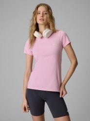4F T-shirt slim gładki damski - różowy XS. Czerwone t-shirty damskie 4F, xs, bez wzorów, z materiału, klasyczne, bez kołnierzyka, bez ramiączek. Za 49.99 zł.