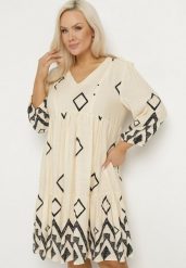 Jasnobeżowa Bawełniana Sukienka Pudełkowa w Geometryczny Wzór Claradina. Brązowe sukienki damskie Born2be, l, bez wzorów, z bawełny, eleganckie, bez kołnierzyka, plus size, bez ramiączek, midi. Za 89.99 zł.
