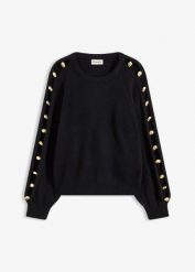 Sweter z metalowymi perełkami. Czarne swetry nierozpinane damskie bonprix, z aplikacjami, bez kołnierzyka, bez ramiączek. Za 159.99 zł.