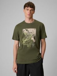 4F T-shirt regular z nadrukiem męski - khaki L. Brązowe t-shirty męskie 4F, l, bez wzorów, z bawełny, bez kołnierzyka, bez ramiączek. Za 69.99 zł.