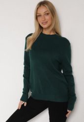Ciemnozielony Klasyczny Sweter z Wełną Mailira. Zielone swetry nierozpinane damskie Born2be, uniwersalny, bez wzorów, z jeansu, biznesowe, bez kołnierzyka, bez ramiączek. Za 59.99 zł.
