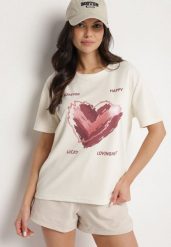 Jasnobeżowy T-shirt z Ozdobnym Nadrukiem Palithiela. Brązowe t-shirty damskie Born2be, l, bez wzorów, z jeansu, klasyczne, bez kołnierzyka, bez ramiączek. Za 29.99 zł.