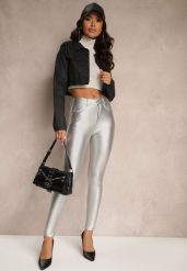 Srebrne Spodnie o Kroju Skinny z Ekoskóry Zorlemi. Szare spodnie materiałowe damskie Renee, bez wzorów, z jeansu, eleganckie, z podwyższonym stanem. Za 49.99 zł.