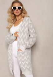 Szary Niezapinany Kardigan o Przedłużonym Fasonie w Zygzaki Chevron Oherna. Szare kardigany damskie Renee, bez wzorów, z tkaniny, bez kołnierzyka. Za 99.99 zł.
