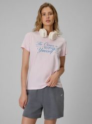 4F T-shirt regular z nadrukiem damski - różowy L. Czerwone t-shirty damskie 4F, l, bez wzorów, z bawełny, biznesowe, bez kołnierzyka, bez ramiączek. Za 59.99 zł.