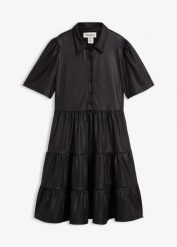 Sukienka mini z błyszczącego materiału. Czarne sukienki damskie bonprix, bez wzorów, bez kołnierzyka, bez ramiączek, mini. Za 199.99 zł.