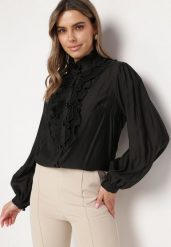 Czarna Koszula Retro z Falbankami i Perełkami Przy Dekolcie i Guzikach Nimue. Czarne koszule damskie Born2be, m, bez wzorów, retro, bez kołnierzyka, bez ramiączek. Za 139.99 zł.