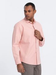 Męska koszula z kieszenią REGULAR FIT - różowa V5 OM-SHCS-0148 - XXL. Czerwone koszule męskie Ombre Clothing, l, bez wzorów, z bawełny, bez kołnierzyka, bez ramiączek. W wyprzedaży za 49.99 zł.